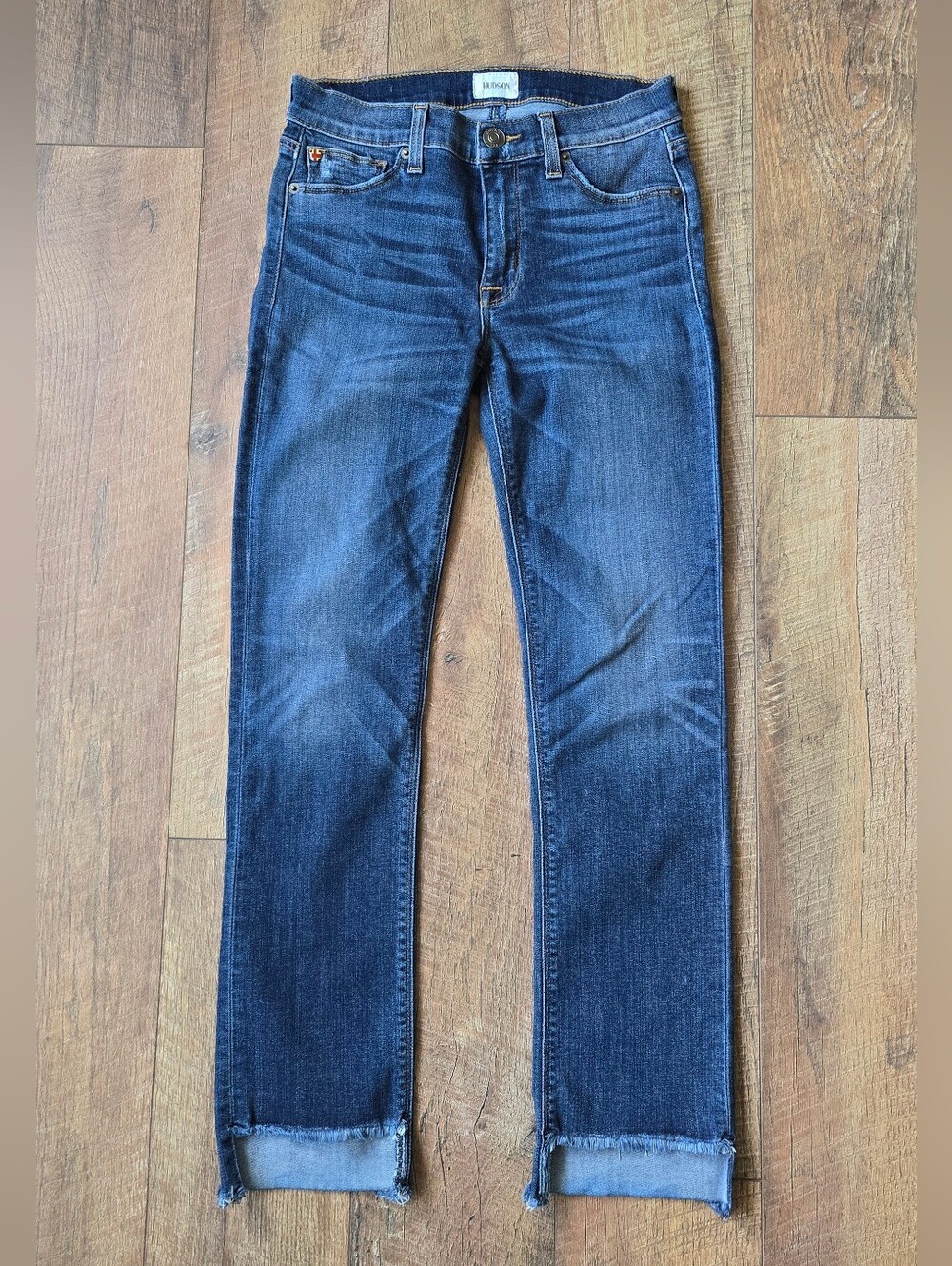 Hudson Mid Rise Straight Leg Jeans With Frayed Bottoms Size 26